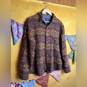 Pendleton Brown Aztec Wool Button-Up Shirt with Red & Gold Accents